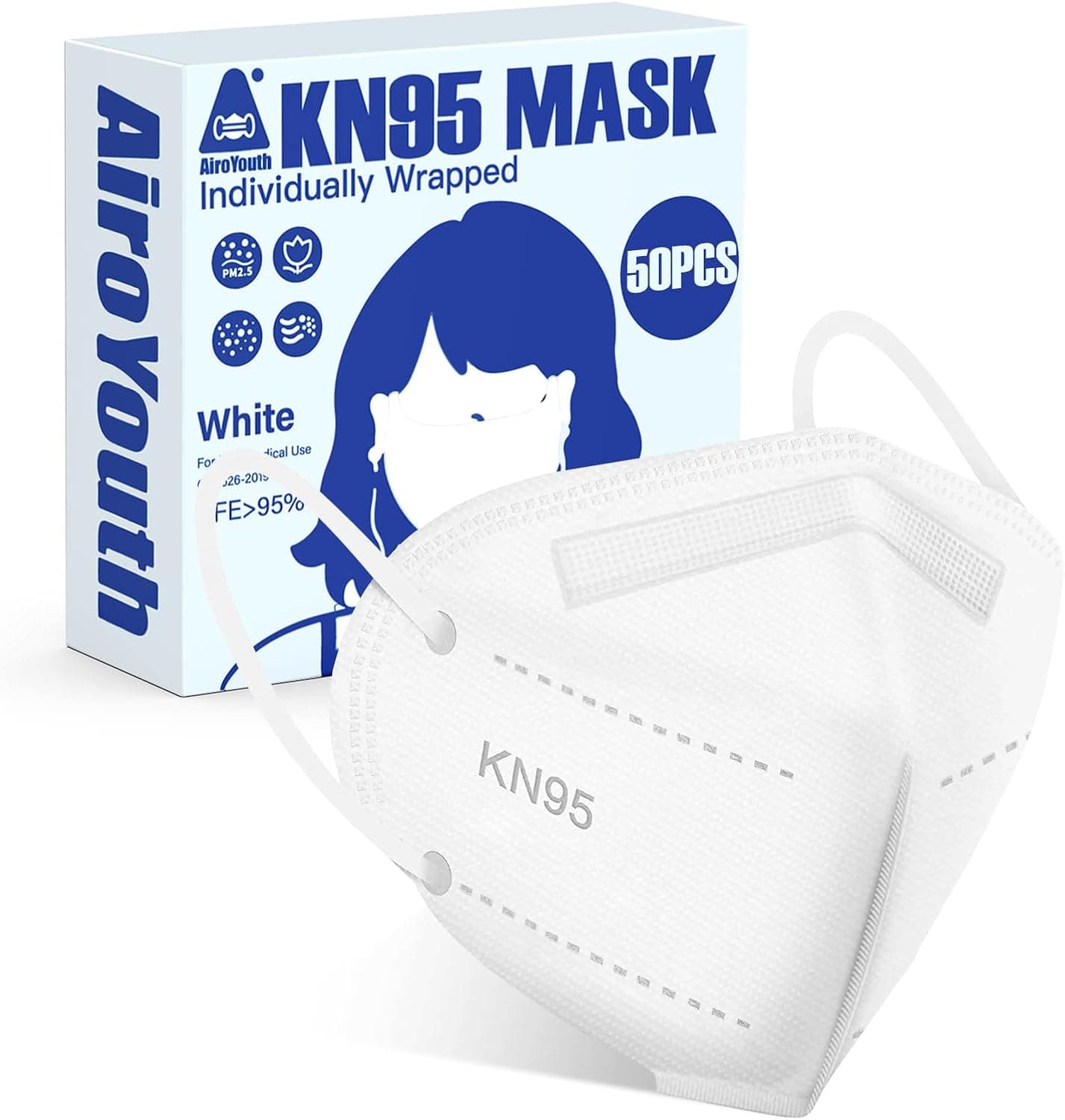 AiroYouth KN95 Face Masks 50pcs, Breathable KN95 Face Mask with 5-layer 95% Filtration, Elastic Ear Loops & Nose Clip