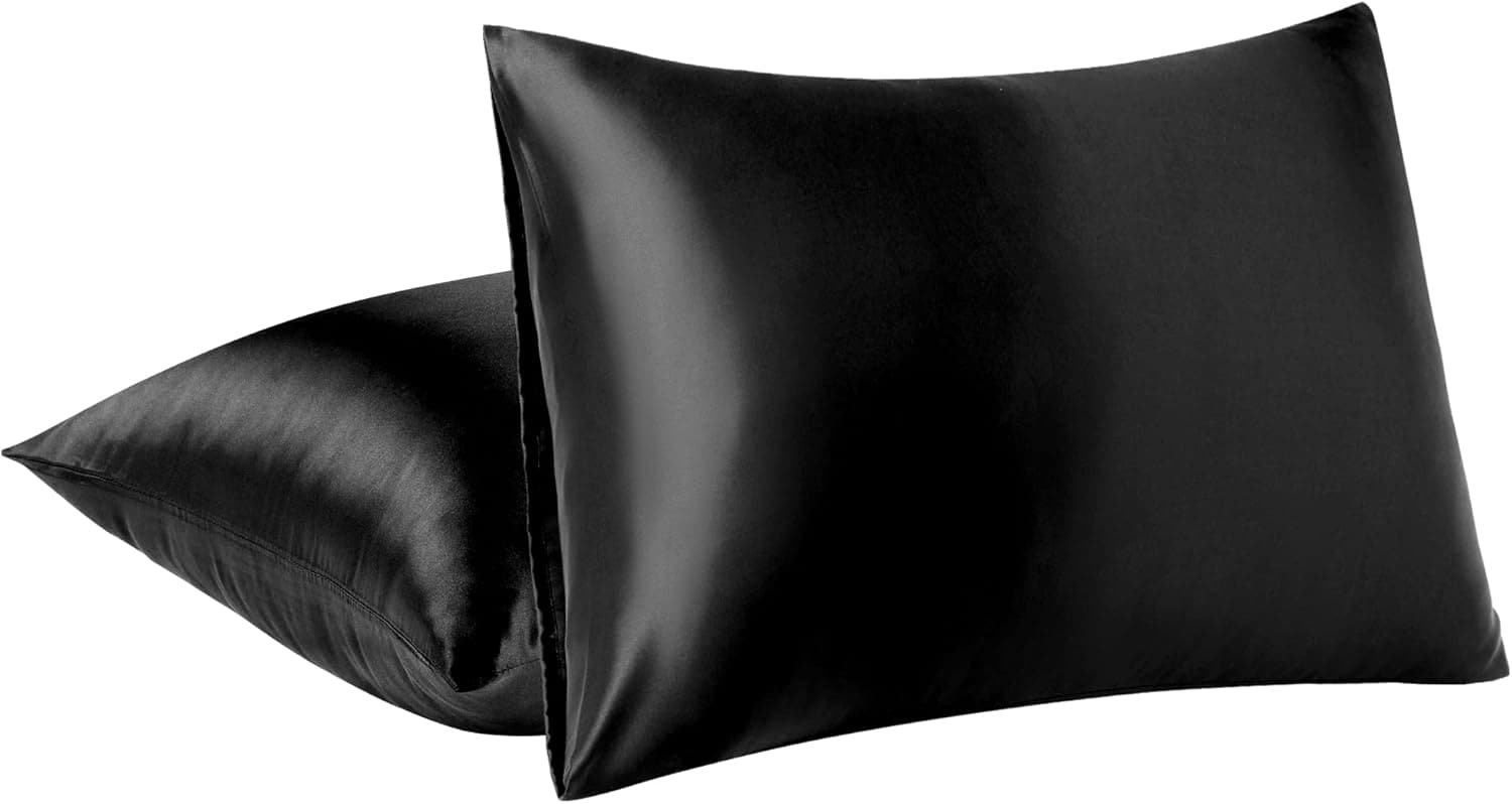 PiccoCasa 85 GSM Satin Pillowcases for Hair and Skin, Luxury Silky Pillow Cover with Envelope Closure, Satin Pillow Cases Set of 2 Standard Black