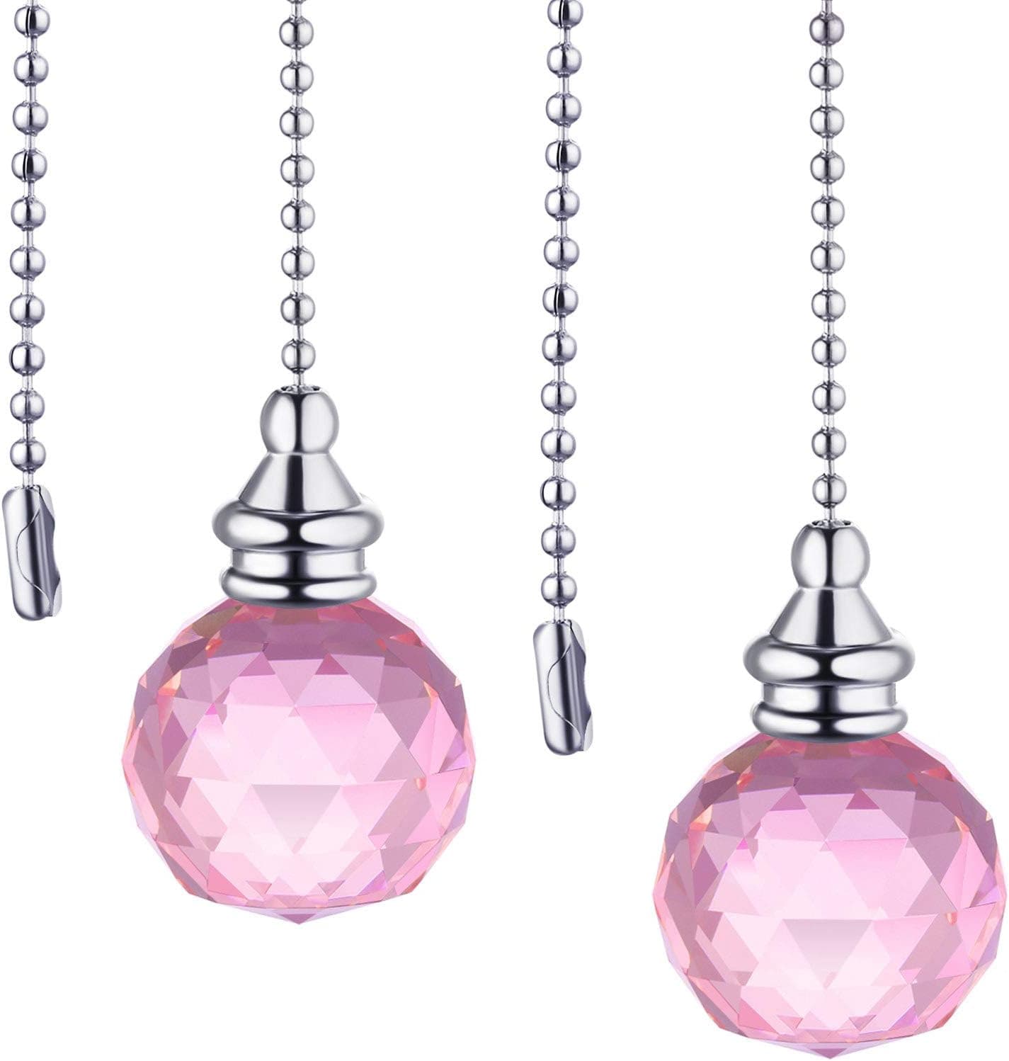 JOVITEC 2 Pieces Spherical Crystal Pull Chain Extension with Connector for Ceiling Light Fan Chain, 1 Meter Long Each Chain (Pink)