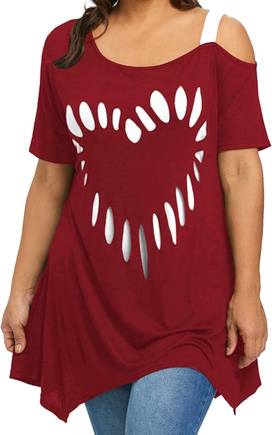 Women Plus Size Tops Cold Shoulder Tshirt Irregular Ruffle Tee Shirt Summer Short Sleeve Tunic Shirts