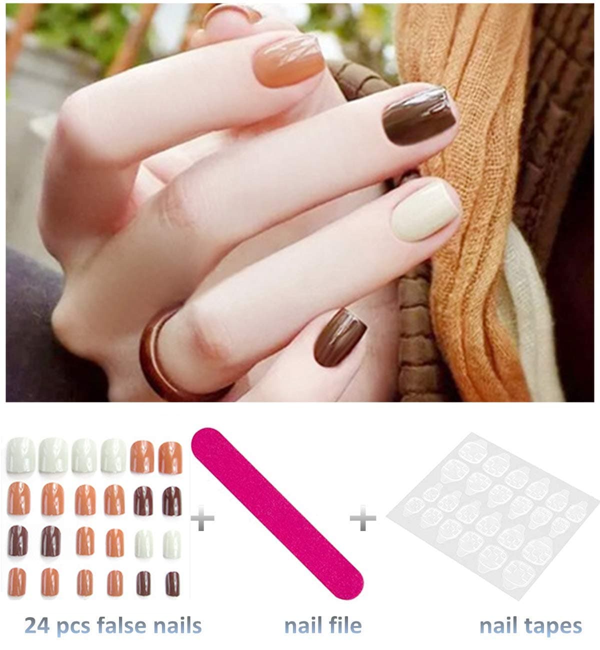 editTime 24PCS Colorful Acrylic False Nails Full Cover Short Square Press on Fake Nails Art Gel Tips Manicure Nails Sets (Ivory+orange+brown)