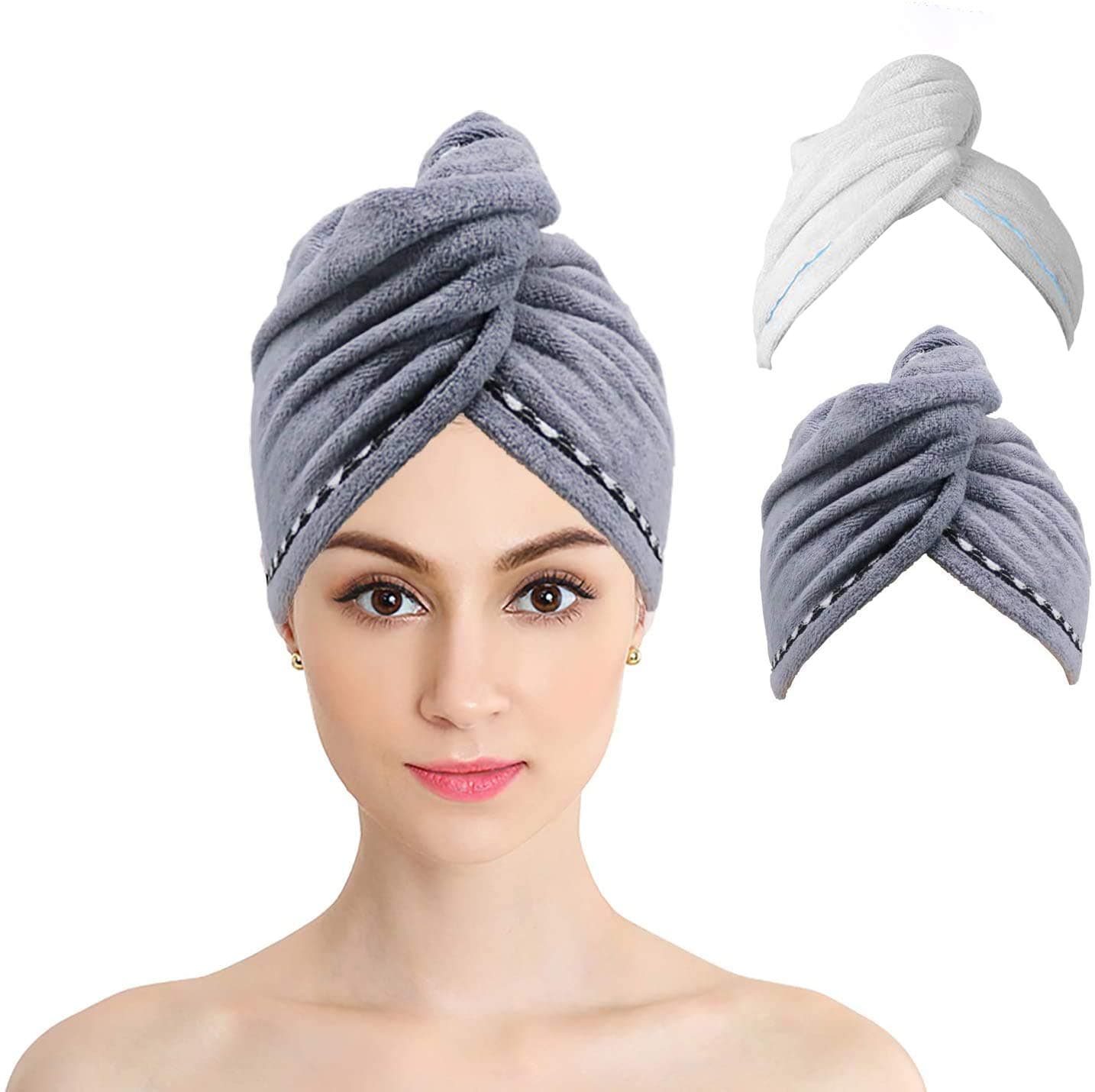 Etzion Microfiber Hair Towel 2 Pack Quick Hair Drying Towels Wrap, White & Gray Hair Wrap for Women's Hair