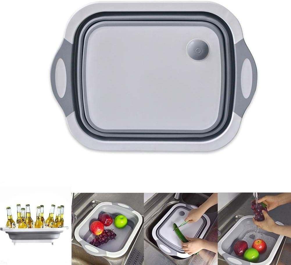 W-ShiG Folding Cutting Board Washing Basin Drain basket Food Basket Ice Bucket, Multifunction Collapsible Dish Tub Sink Cutting Board Strainer (rectangle)