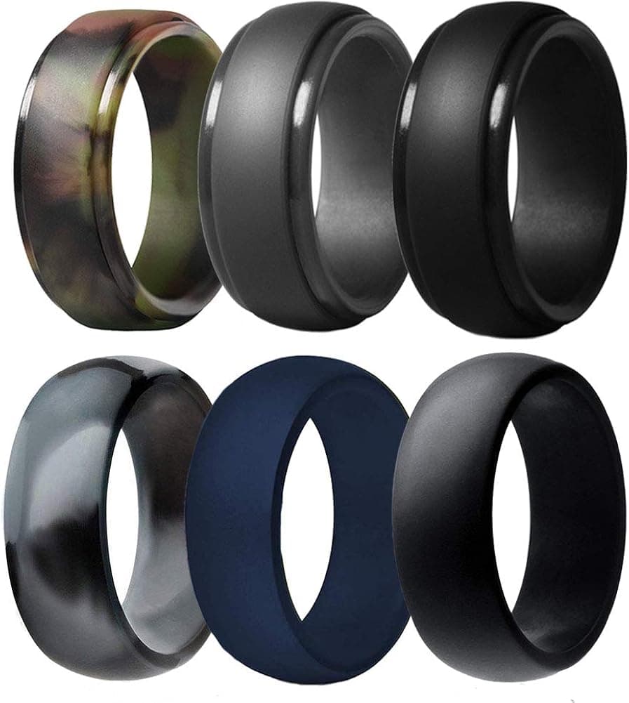Silicone Wedding Ring for Men, 6 Pack Breathable Silicone Rubber Wedding Bands Durable Silicone Ring - 8.7 mm Wide( Camo ,Navy Blue,Dark Grey,Black)