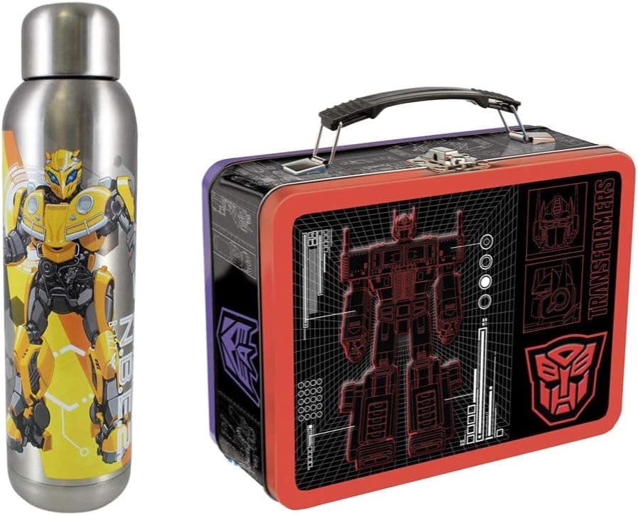Vandor Transformers Large Tin Tote (41370) and Bumblebee 22 Ounce Stainless Steel Water Bottle (56259) Set of 2