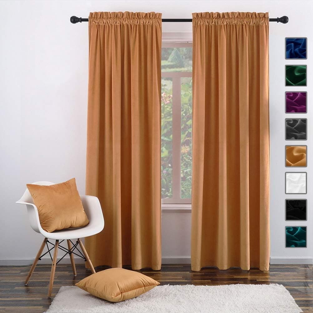 Twin Six Super Soft Blackout Velvet Curtains with 2 Pillow Case,Thermal Insulated Solid Heavy Rod Pocket Window Drapes for Living Room (Warm Yellow, 52"x84",2 Panels)
