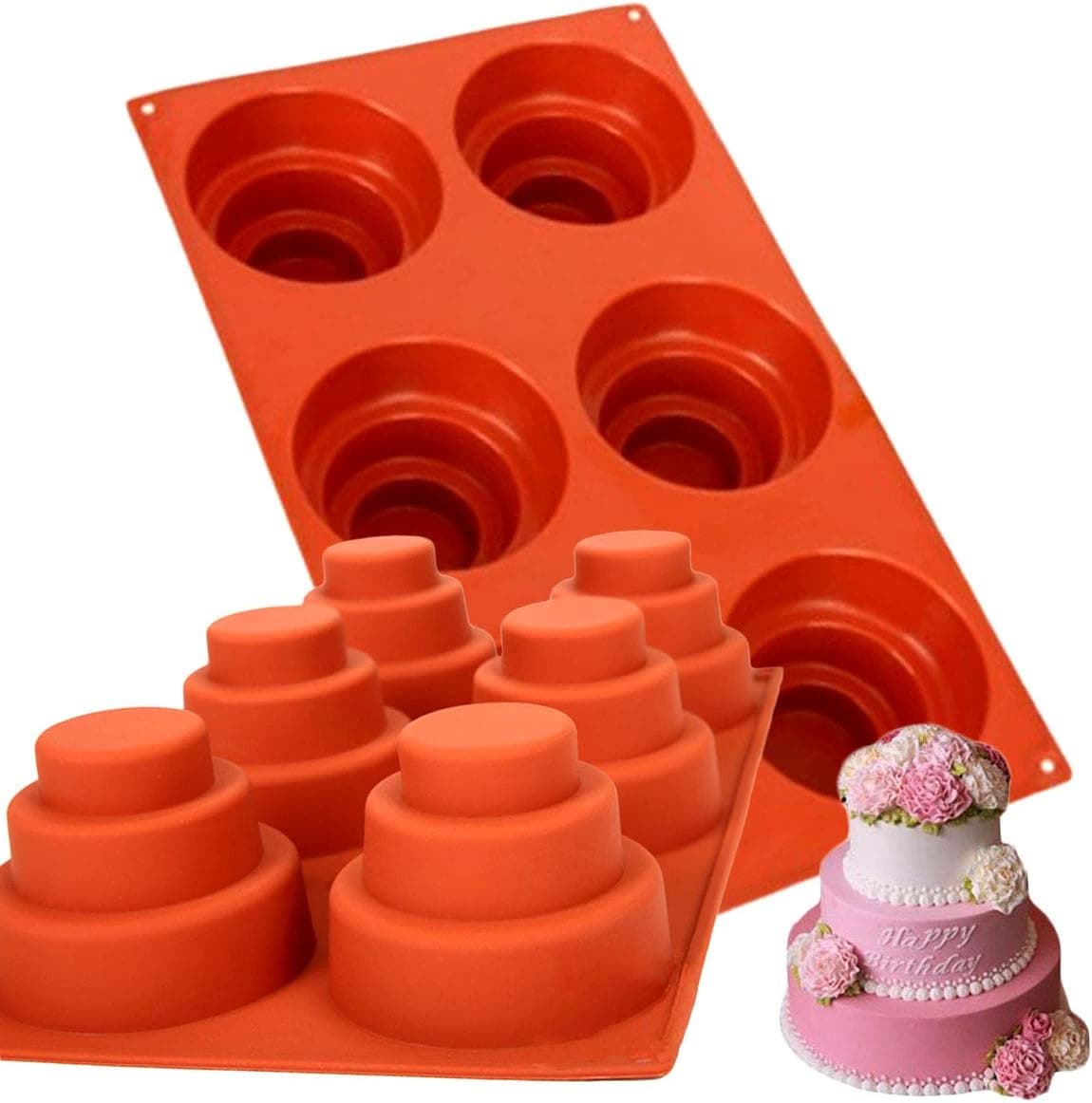 2 Sets 6 Cavities Mini 3 Tier Cake Pan, Multi Tiered Silicone Cupcake Mold DIY Round Coaster Non Stick Molds for Christmas Cake Pudding Cookie Chocolate Baking Pan Home Made Baking