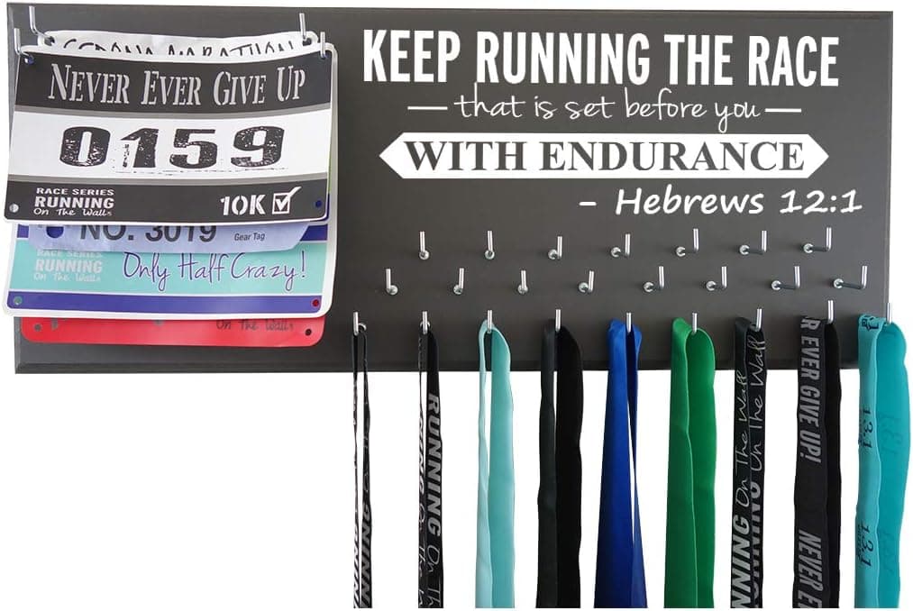 Running On The Wall Medal Hanger Display and Race Bibs Keep Running The Race That is Set Before You with Endurance -Hebrews 12:1" Medals Only Design
