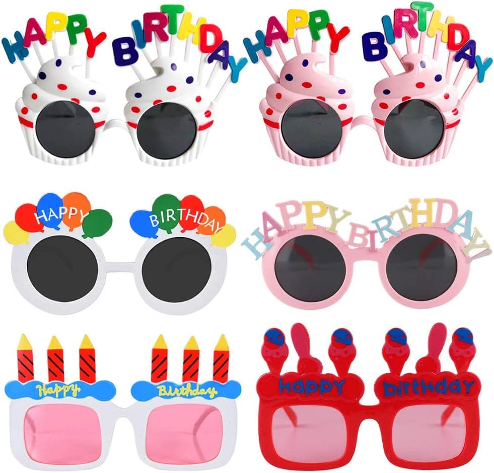 CON GRADS Novelty Birthday Glasses | Birthday Photo Props Funny Sunglasses | Birthday Party Favors for Kids & Adults 6 Pairs