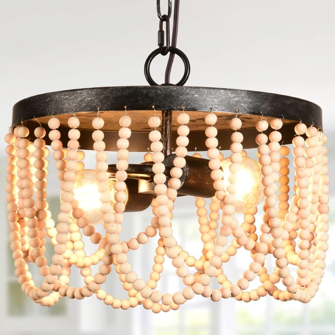 2-Light Wooden Bead Chandelier Lighting, Bohemia Wood Ceiling Pendant Light for Home Decor. (Black)