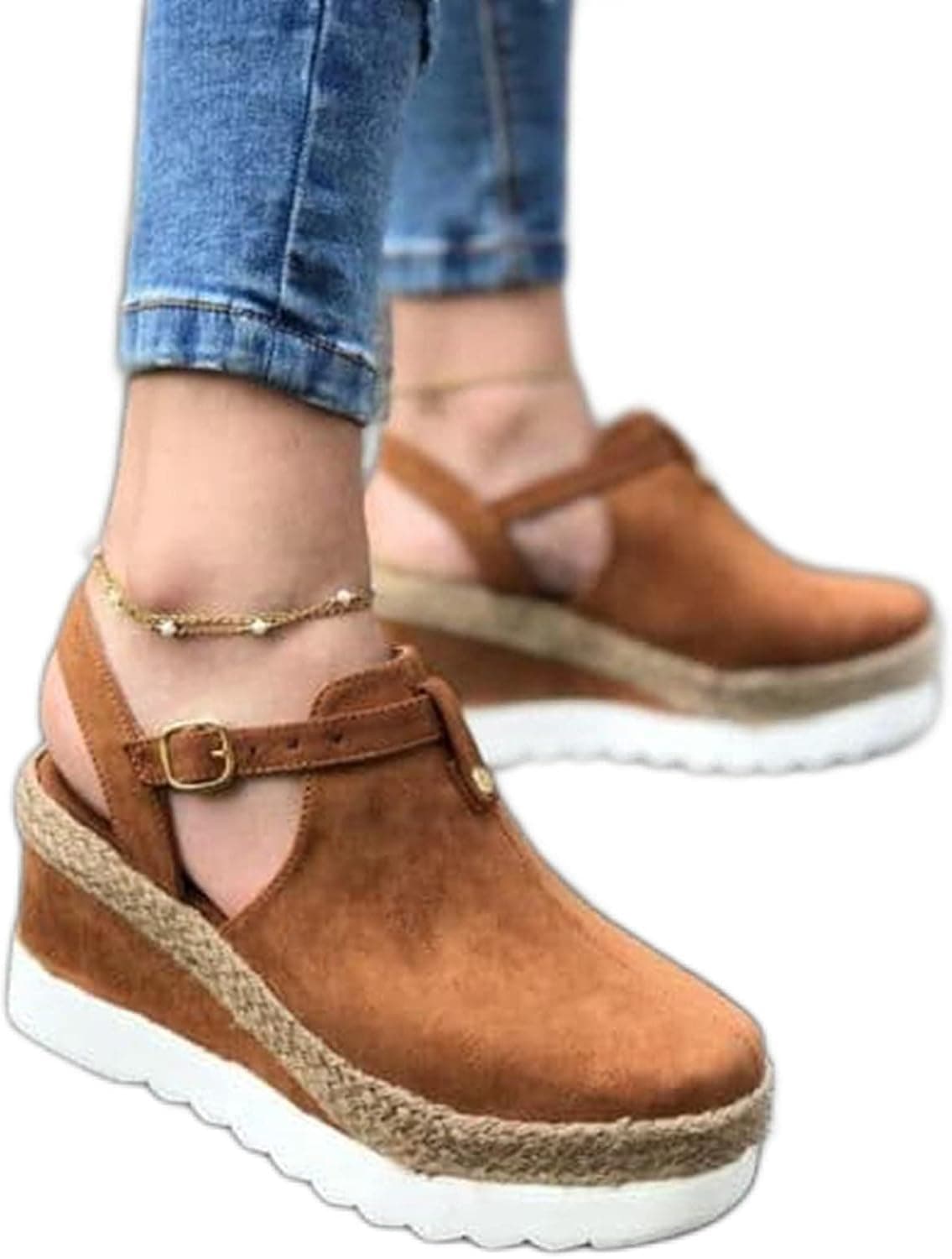 Vetcoy Women‘s Boho Comfy Buckle Wedge Sandals - Sandals for Women Wedge, 2021 Fashion Ankle Buckle Sandals Womens Platform Wedge Sandal Ankle Strap Open Toe Sandals High Heel
