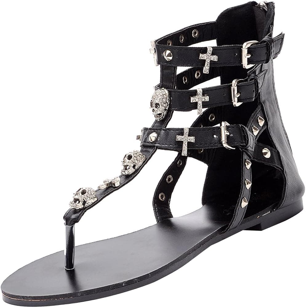 Odema Womens Skull Gladiator Sandals Flat Thong Sandals Back Zip Up