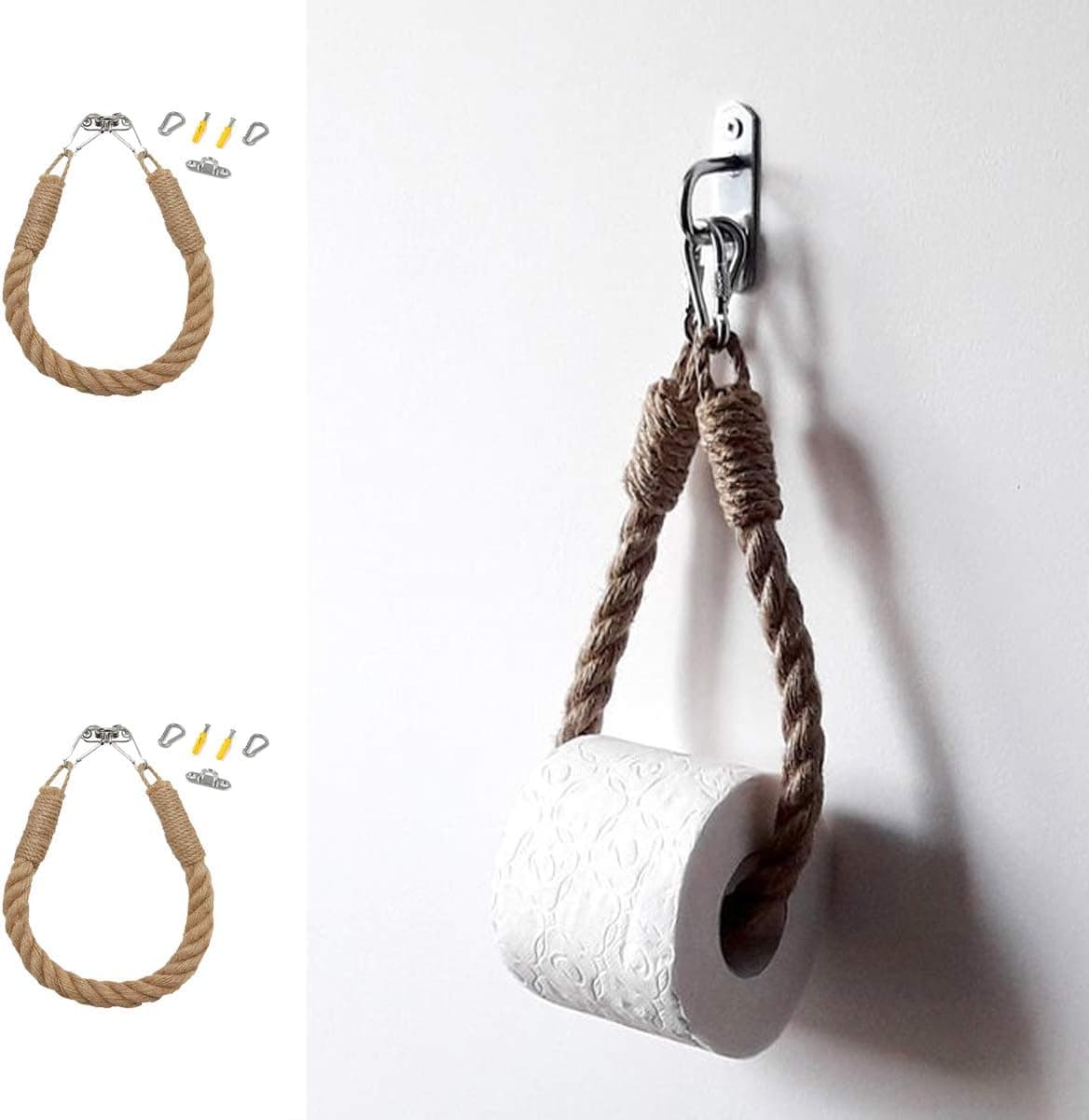 Nautical Rope Towel Ring,Nautical Rope Toilet Paper Holder,Bathroom Decor with Wall Mount Metal Hook Antique Industrial Wall-Mounted Coastal Rope Secures Towel and Curtain 23.62in(2PCS)
