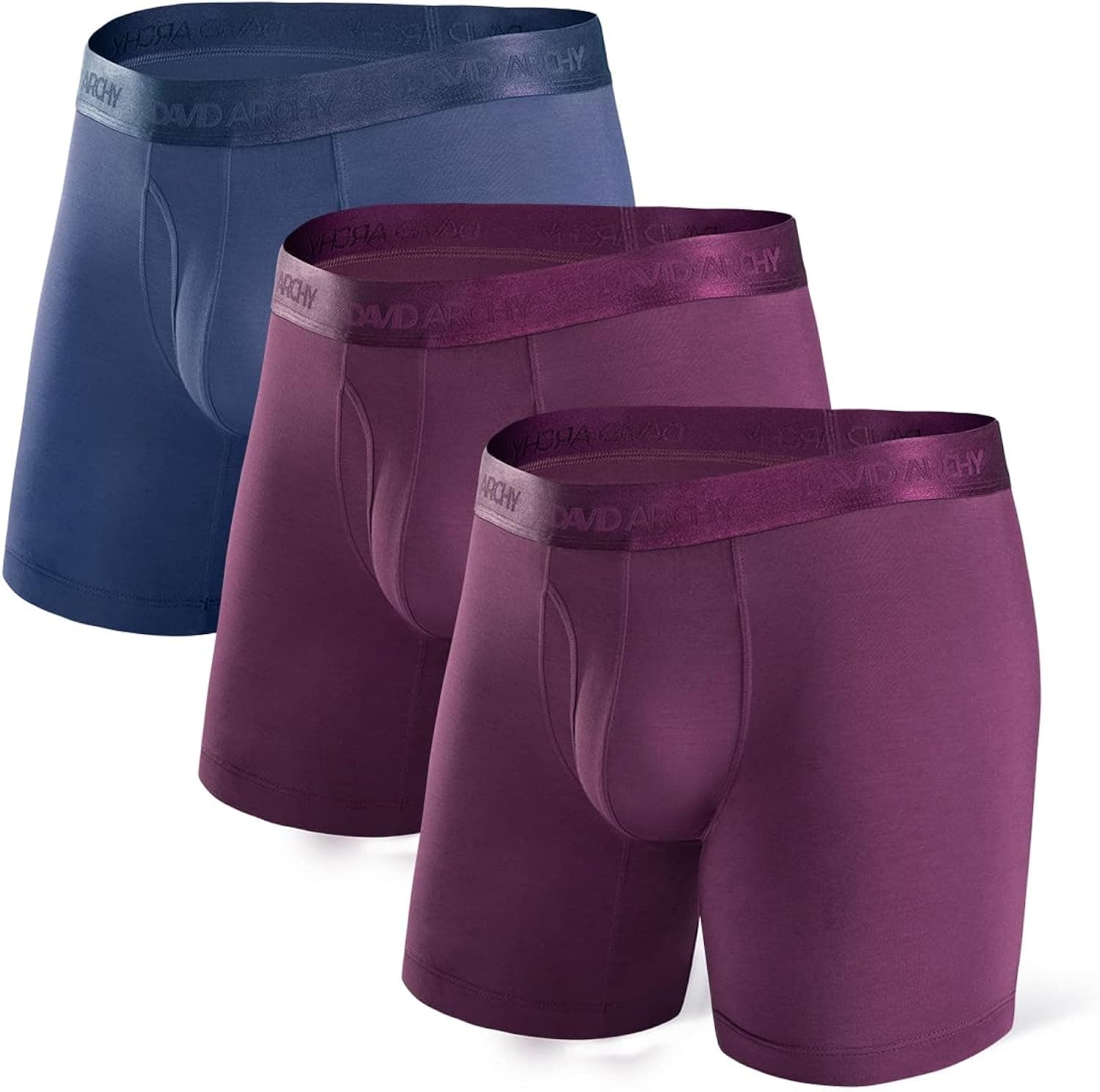 DAVID ARCHY Men's Underwear Soft Micro Modal Boxer Briefs with Fly Boxer Shorts 3 Pack (M, Navy Blue/Wine)