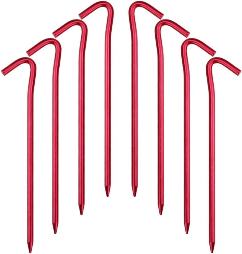 Hikemax 7075 Aluminum Tent Stakes 20 Pack - Ultralight 7 Inch Hook Tent Pegs with Carrying Pouch - Made for Camping Trip, Hiking and Gardening
