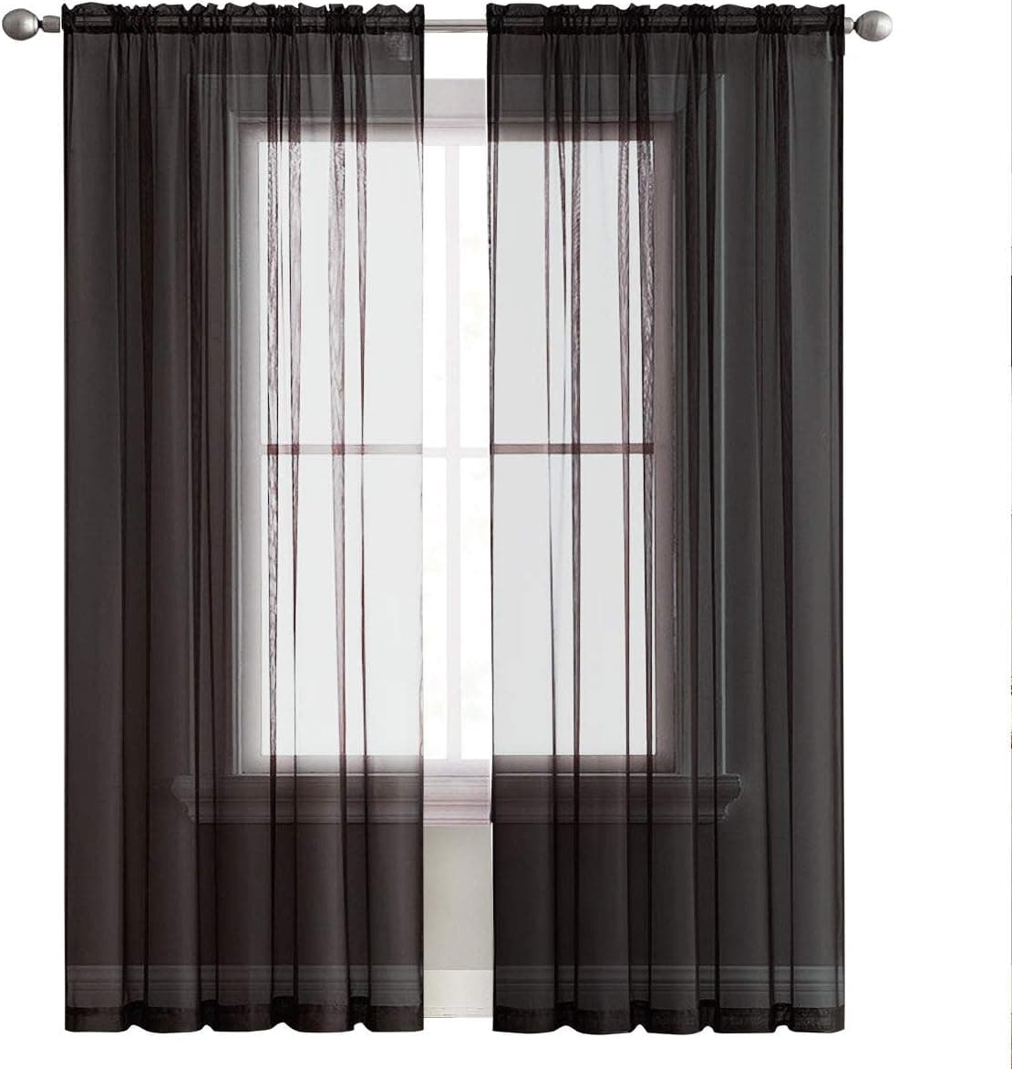 SpaceDresser Sheer Voile Window Treatment Rod Pocket Curtain Panels for Kitchen Bedroom Living Room Drapes Sunlight Filtering Privacy Semi Home Decor Assorted (Black, 52 W x 63 L)