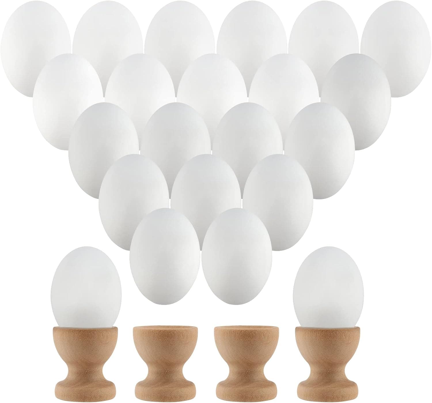 MOUYAT 20 PCS 2.4 x 1.8 Inch White Wooden Easter Eggs, Unfinished White Wooden Unpainted Fake Eggs Plain Decorating Eggs with 4 Wooden Egg Cup Holders for Crafts Easter DIY Decor