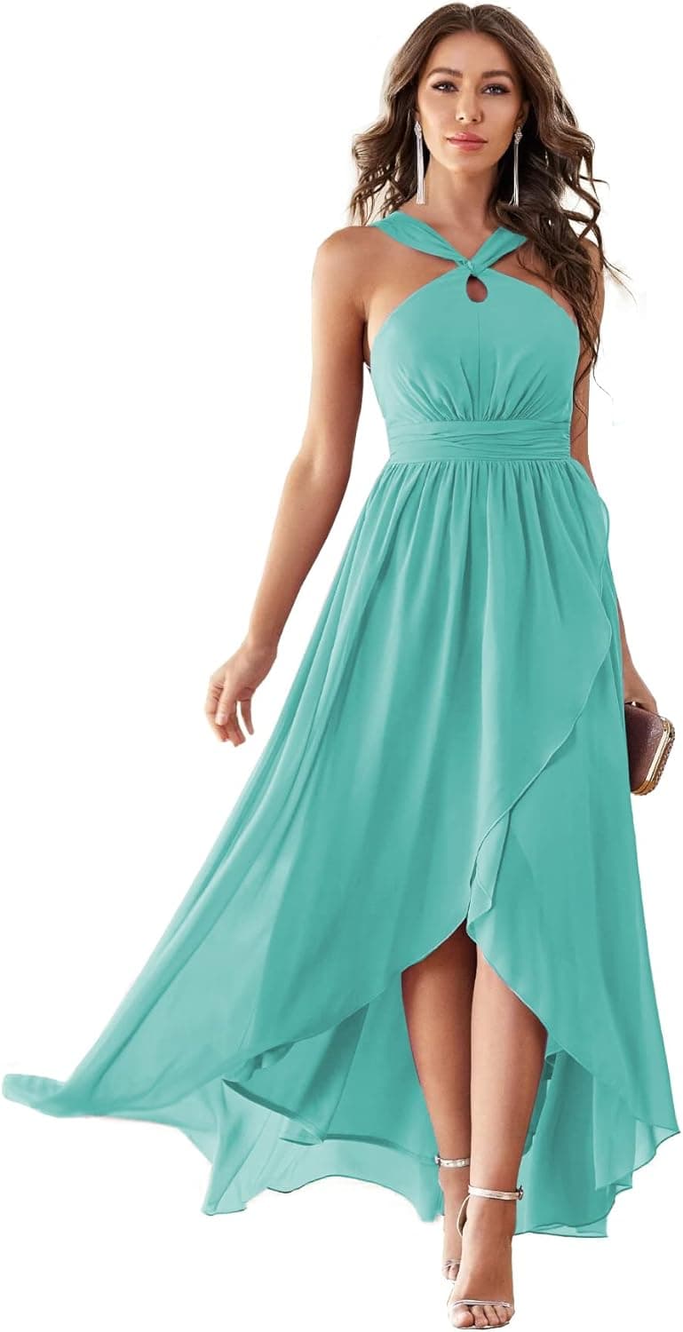 YMSHA Women's Halter Bridesmaid Dresses with Pockets High Low Aline Ruffle Formal Dresses for Teens Aqua 14