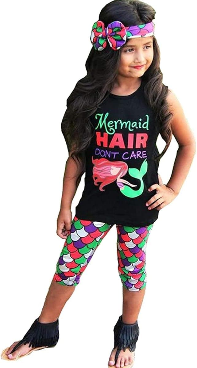 Mermaid Toddler Little Girls Outfit Set, 2~8T T-Shirt/Hoodie Tops Pants with Headband Outfit Clothing Sets