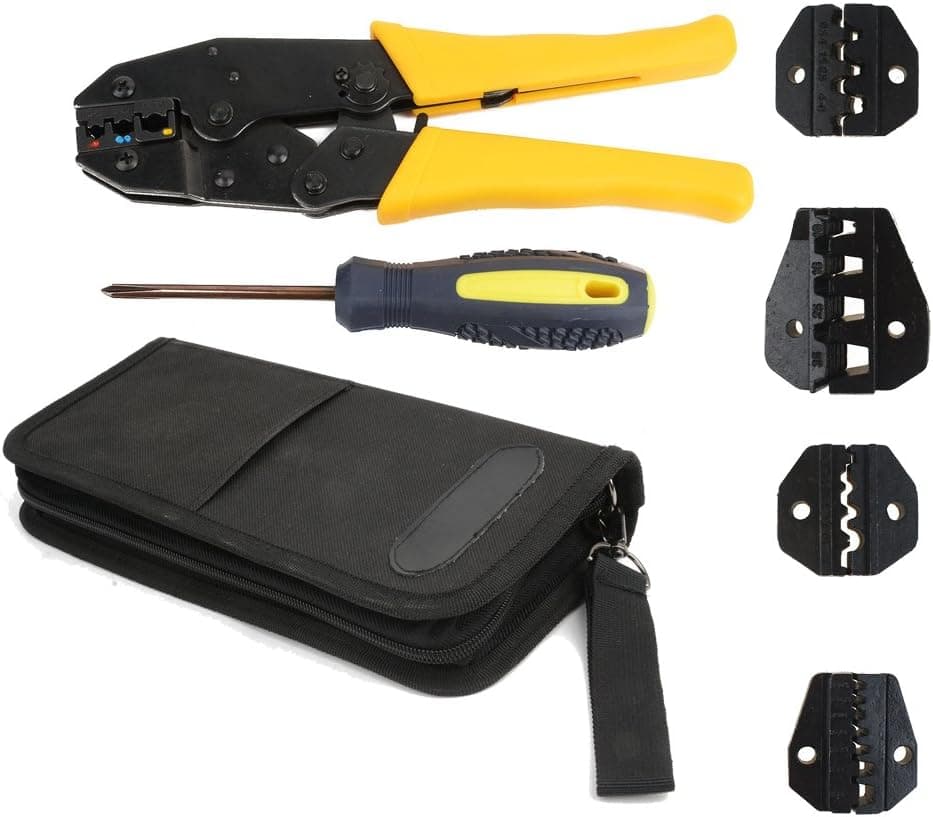 NUZAMAS Electrical Insulated Terminals Ferrules Ratchet Crimper Cable Crimping Tool Kit Wire Terminal Plier Screwdriver with Carry Bag Set 5 Interchangeable Tips Dies from 0.5mm to 35mm²