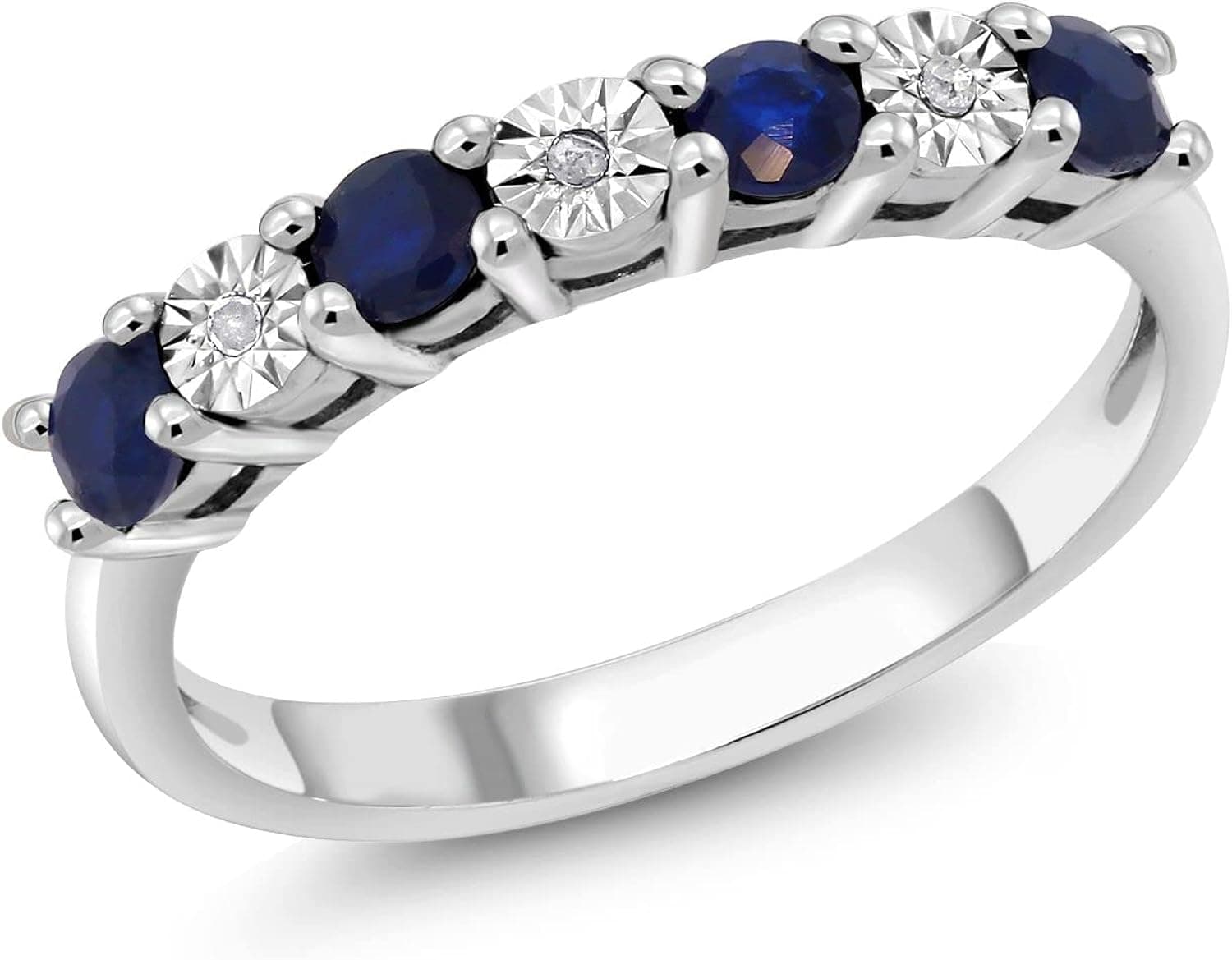 Gem Stone King 925 Sterling Silver Round Blue Sapphire and White Diamond Engagement Ring For Women (Available In Size 5,6,7,8,9)