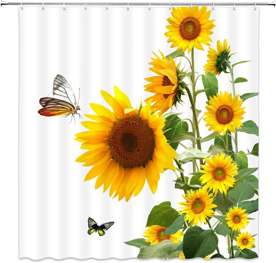 WZFashion Sunflower Shower Curtain Butterfly Rustic Farmhouse Wooden Board Vintage Flower Yellow Floral Green Leaves Spring Summer Plant Nature Fabric Bathroom Curtains with Hooks 70 inch WX70 H,White