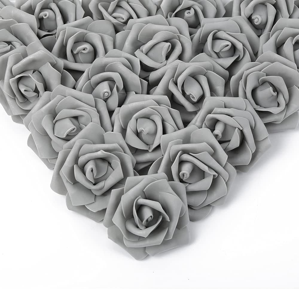 IPOPU Artificial Rose Flower Heads, 100 Pcs Real Looking Silver Gray Foam Fake Roses for DIY Wedding Baby Shower Centerpieces Arrangements Party Tables Home Decorations (Silver Gray, Stemless)