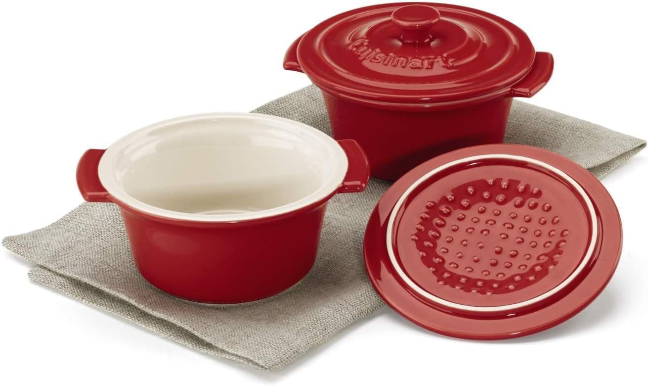 Cuisinart Chef's Classic Ceramic Bakeware-Set of 2, 10 Ounce Mini Round Covered Cocottes, Red