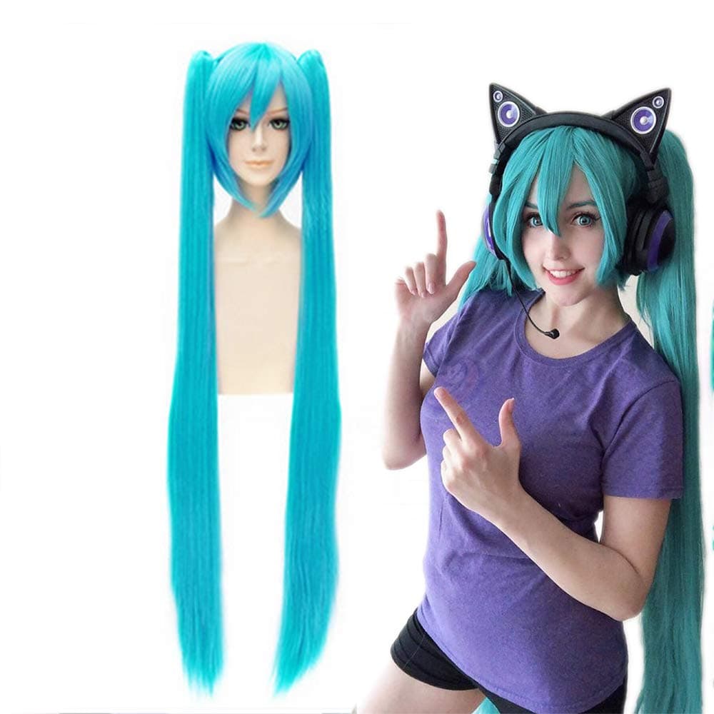 Missvig Cosplay Wig Long Green Wig With bangs for Halloween Custome Party Love Live Cosplay Wig for Girl/Women Synthetic Hair 120cm Long Straight Green Anime Wigs with 2 Ponytails