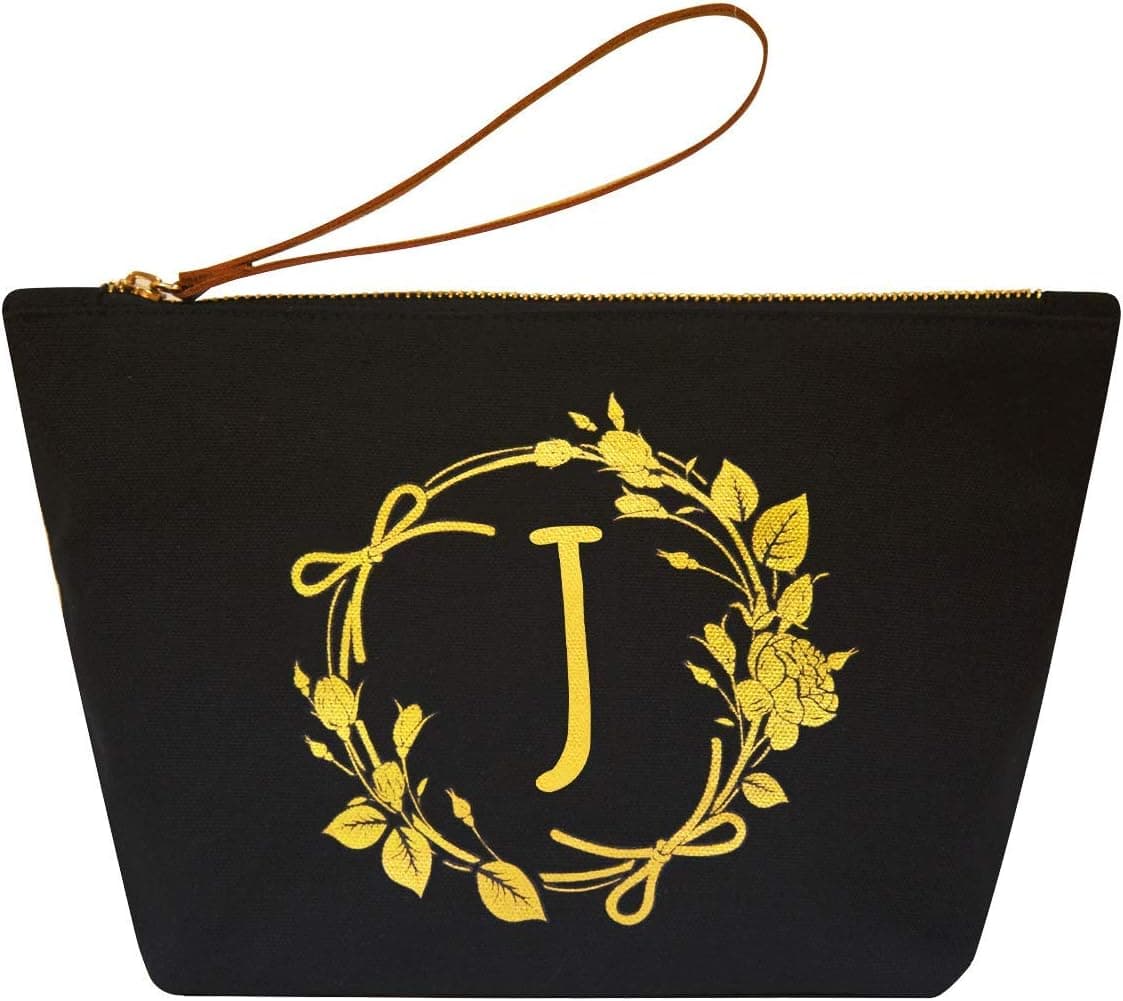 ELEGANTPARK Personalized Makeup Bag Letter J Birthday Gifts for Women Friend Mom Teacher Appreciation Gifts Pouch Monogrammed Gifts for Bridesmaid Bride Wedding Initial Cosmetic Bag Black Canvas