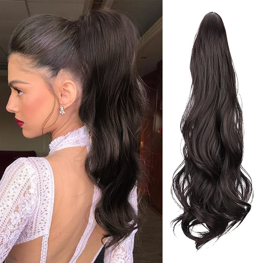 DeeThensPonytail Extensions Claw Clip Ponytail Extension for Women 20 Inch Long Wavy Ponytail Extensions Fluffy Synthetic Soft Daily Use (Black Brown)