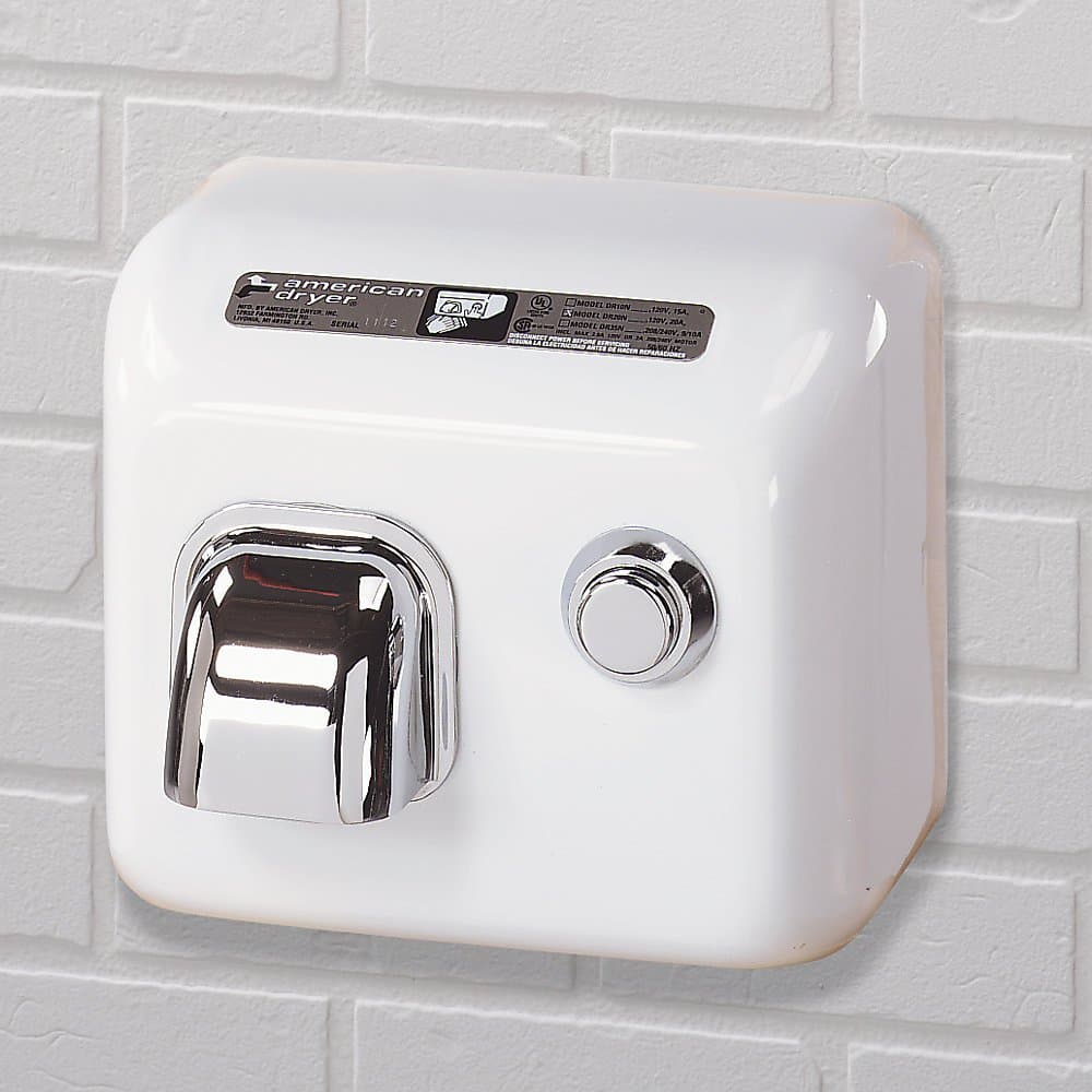 American Dryer DR20N Steel Cover Push Button Hand Dryer, 110-120V, 2,300W Power, 60Hz, White Enamel Finish