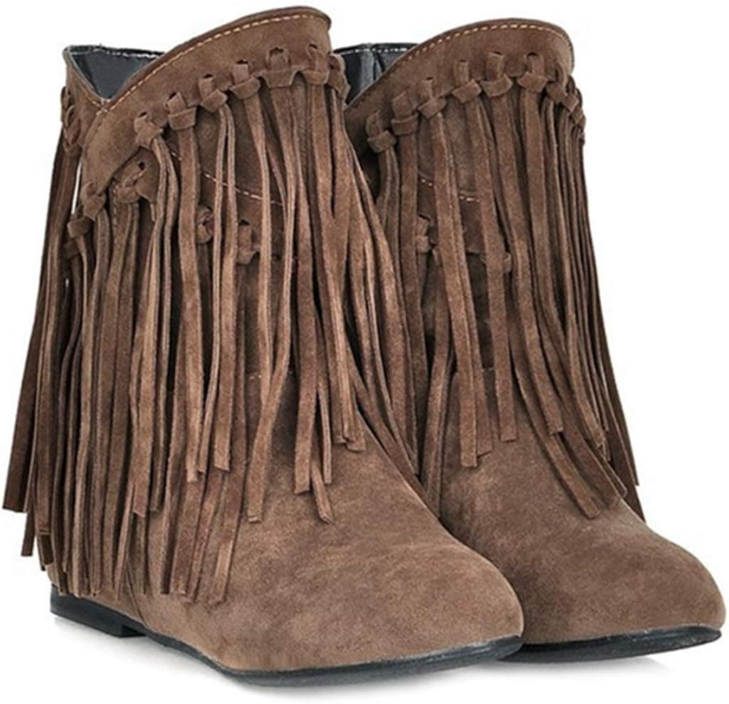 MIOKE Women's Winter Suede Fringed Ankle Boots Fashion Round Toe Low Wedge Heel Tassel Dress Short Booties