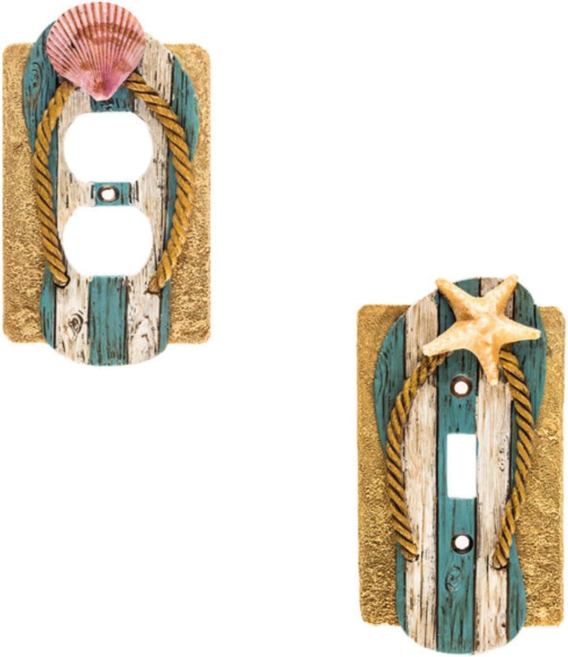 Flip Flop Outlet Cover and Light Switch Cover Bundle - Nautical Decor - Beach Cottage Decor Sea Shells - Features 1 Outlet Cover and 1 Single Light Switch Cover