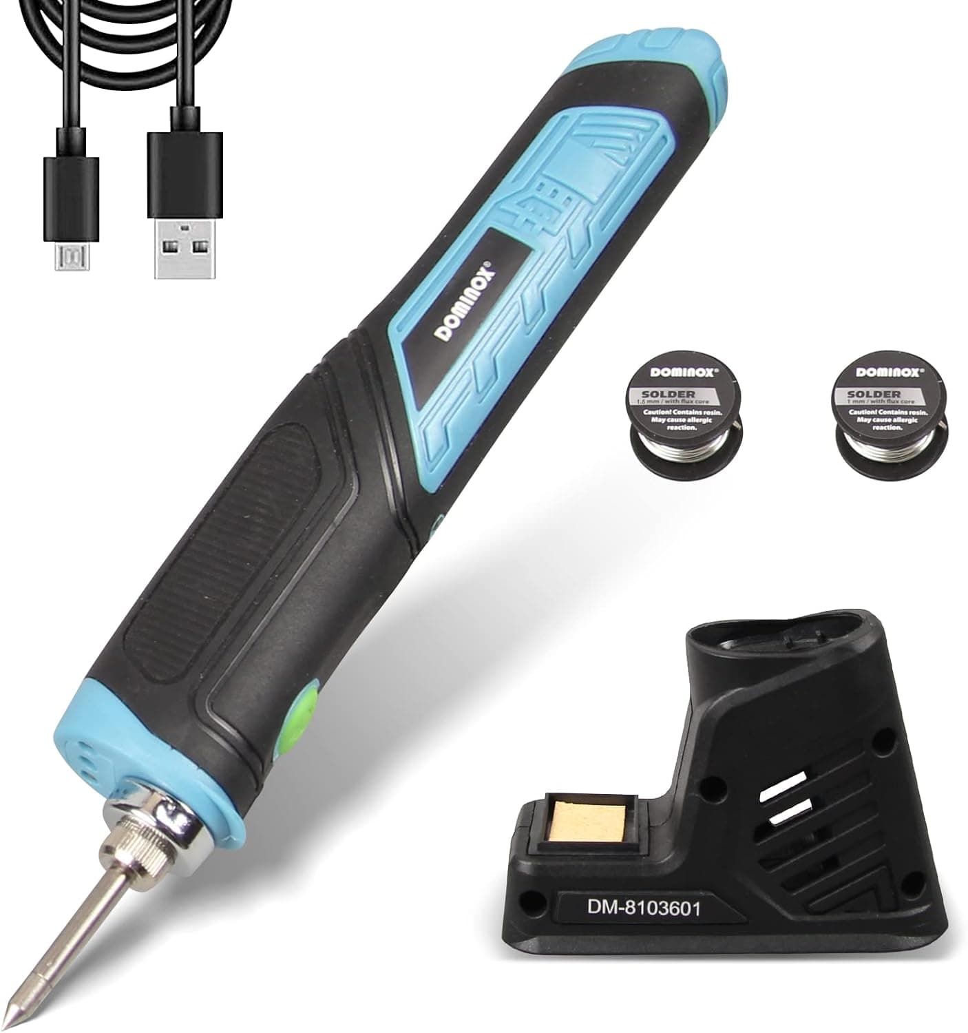 DOMINOX Lithium-ion Cordless Soldering Iron 1500mAh with LED Spotlight 5pcs Set, Soldering Station, Solder Kit, Two Solder Wick, Charging Cable and Mini Sponge (excluding charging plugs)