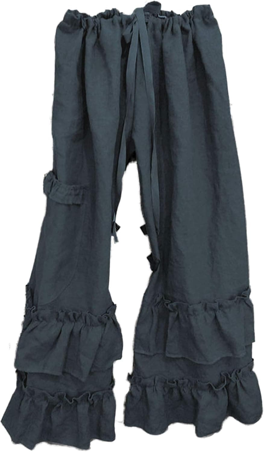 Womens Casual Ruffled Loose Pocket Pants Plus Size Cotton Linen Folds Pants Wide Leg Solid Color Hem Elastic Waisted Trousers