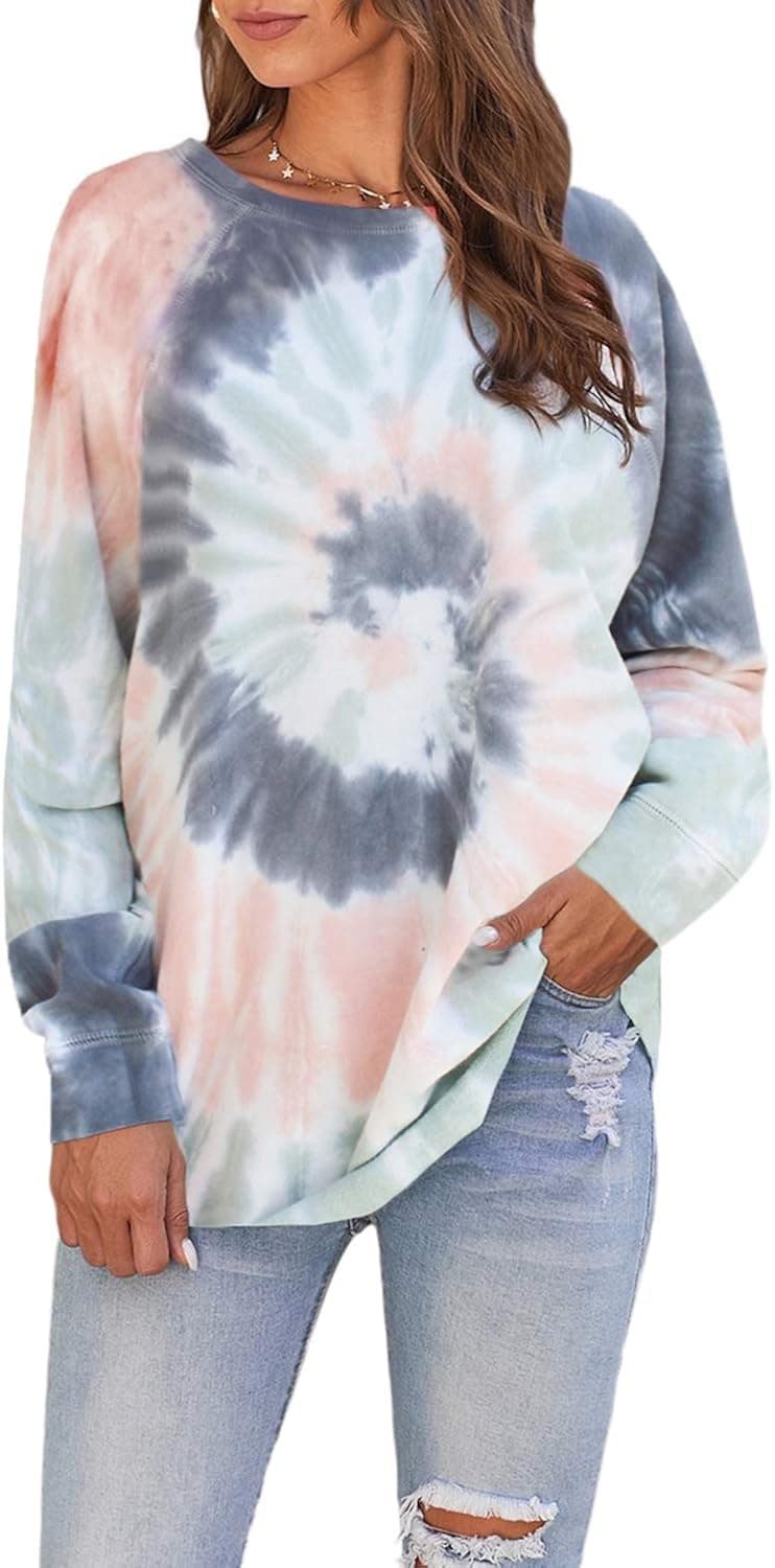 Byoauo Womens Crewneck Tie Dye Sweatshirt Lightweight Casual Loose Long Sleeve Pullover Shirts