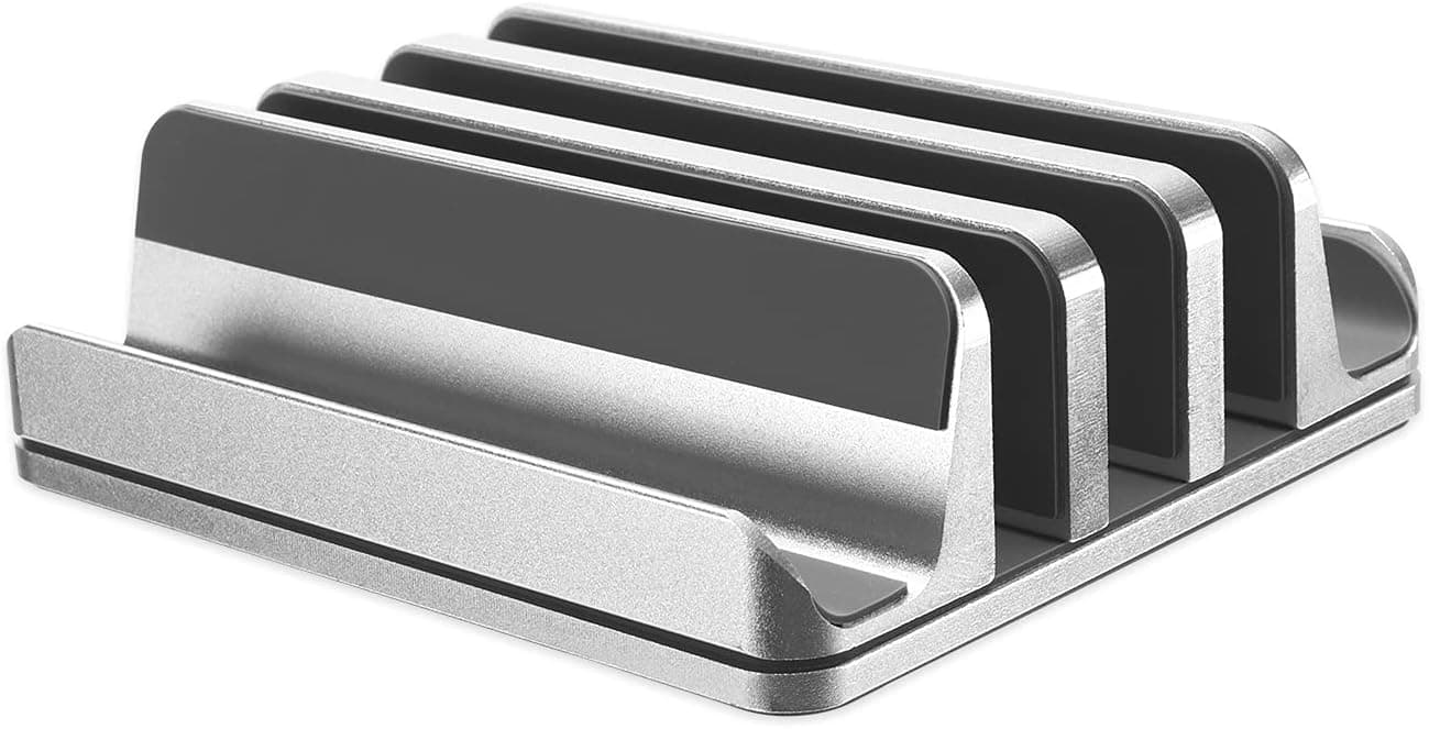MOSISO Tri-Slot Laptop Stand, Ergonomic Aluminum Computer Riser Vertical Desktop Stand Holder with Adjustable Dock Compatible with MacBook Air / Pro / Laptop / Notebook / Computer / Tablet, Silver