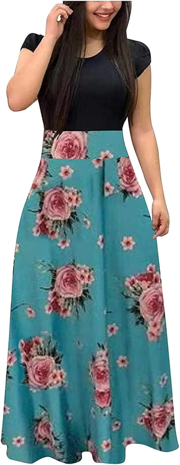 BATKKM Tunic Dress for Women,Women's Vintage Print Summer Dress Round Neck Slim Short Sleeve Plus Size Long Dress