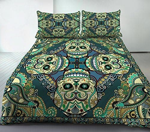 Anoleu Green Cotton Printed Skull Duvet/Comforter Cover Set 3 Pieces (King)