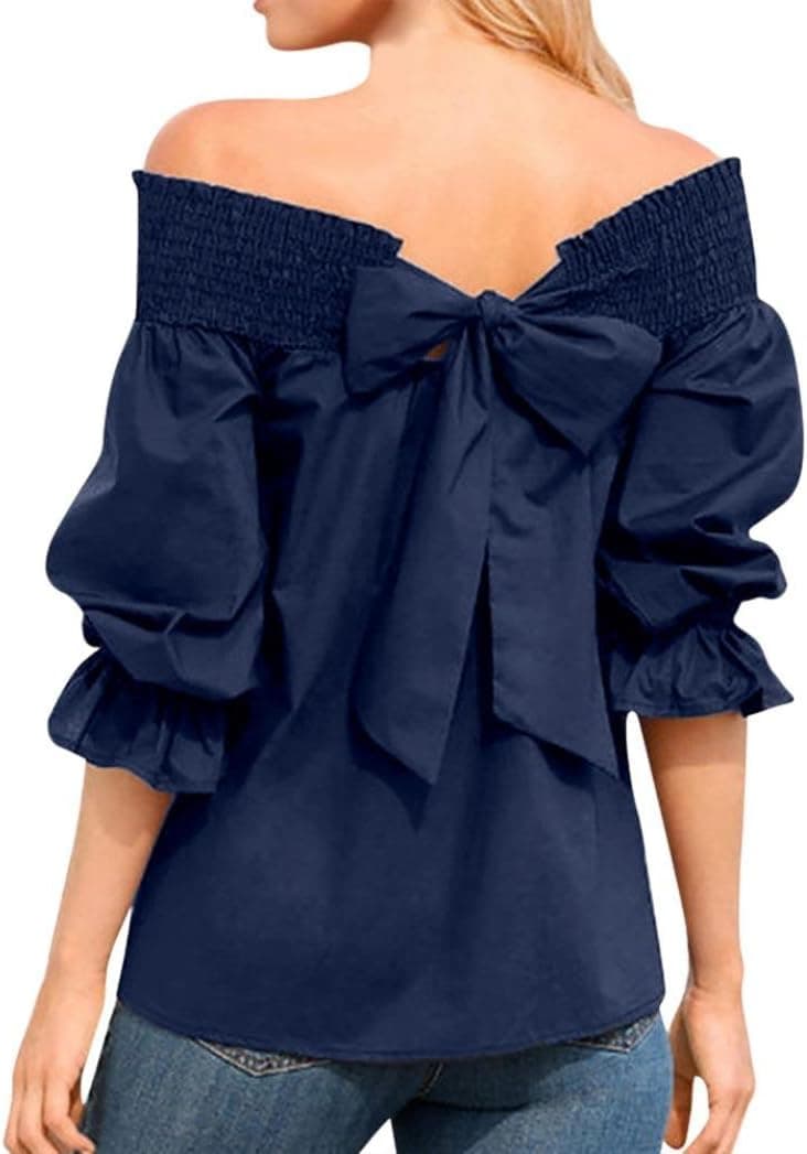 KFSO Women Off Shoulder Backless T-Shirts Top Puff Sleeve Bow Bandage Blouse (Blue, L)