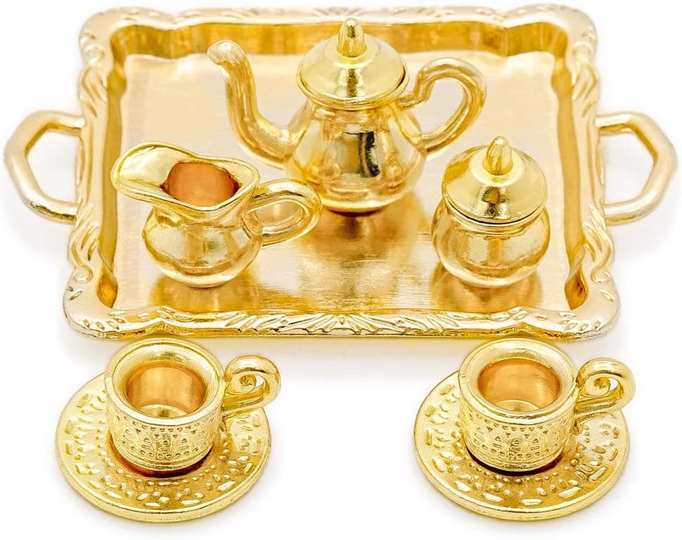 Odoria 1/12 Miniature Tea Set 8Pcs Dollhouse Decoration Accessories, Gold