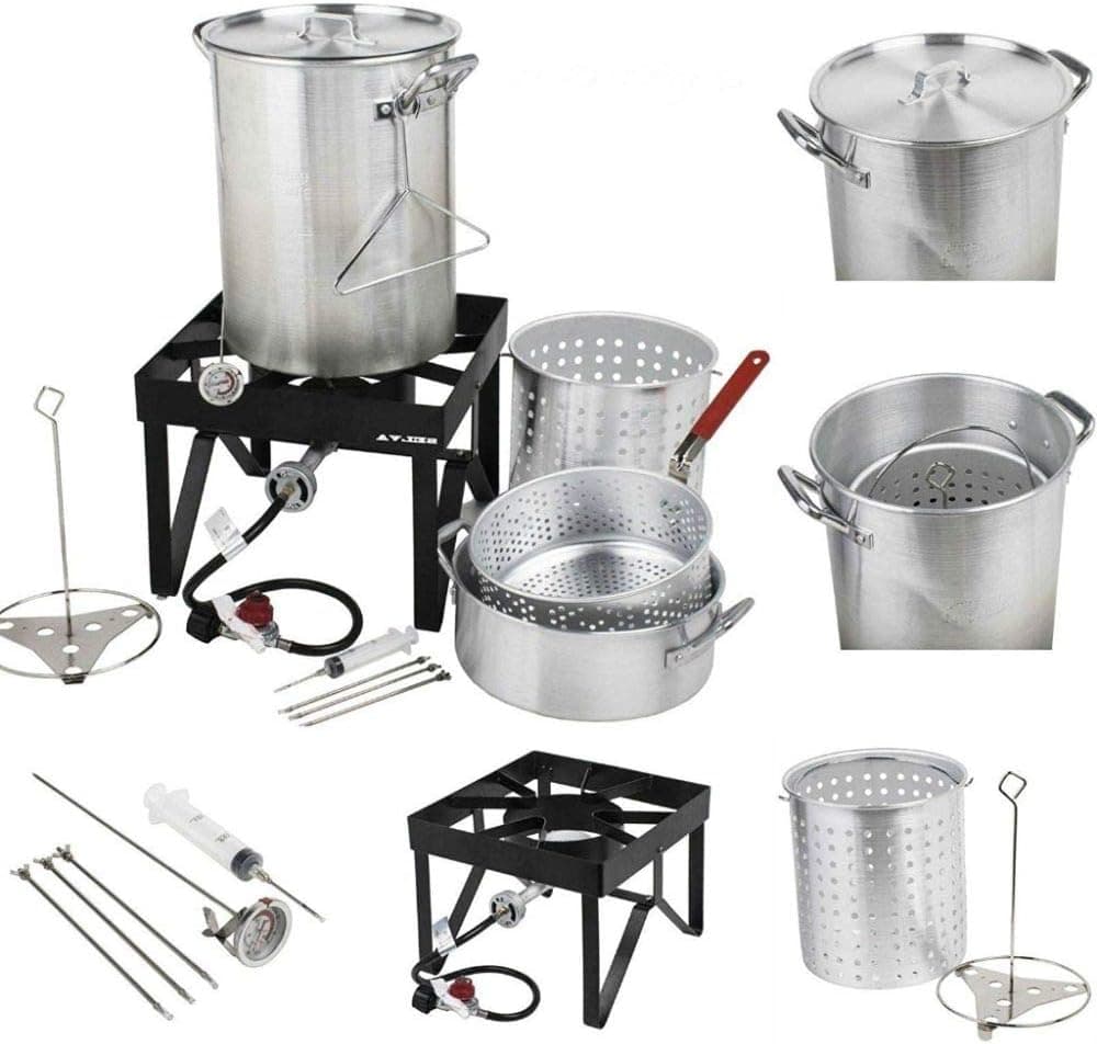 Turkey Cooker 30 qt. Aluminum Propane Turkey Fryer Steamer Kit | 55000 BTU Cast Iron Liquid Burner | for Barbecues Fair Clam Bake Pot Heavy Duty 20lbs Capacity | Ideal for Outdoor Propane Cooking
