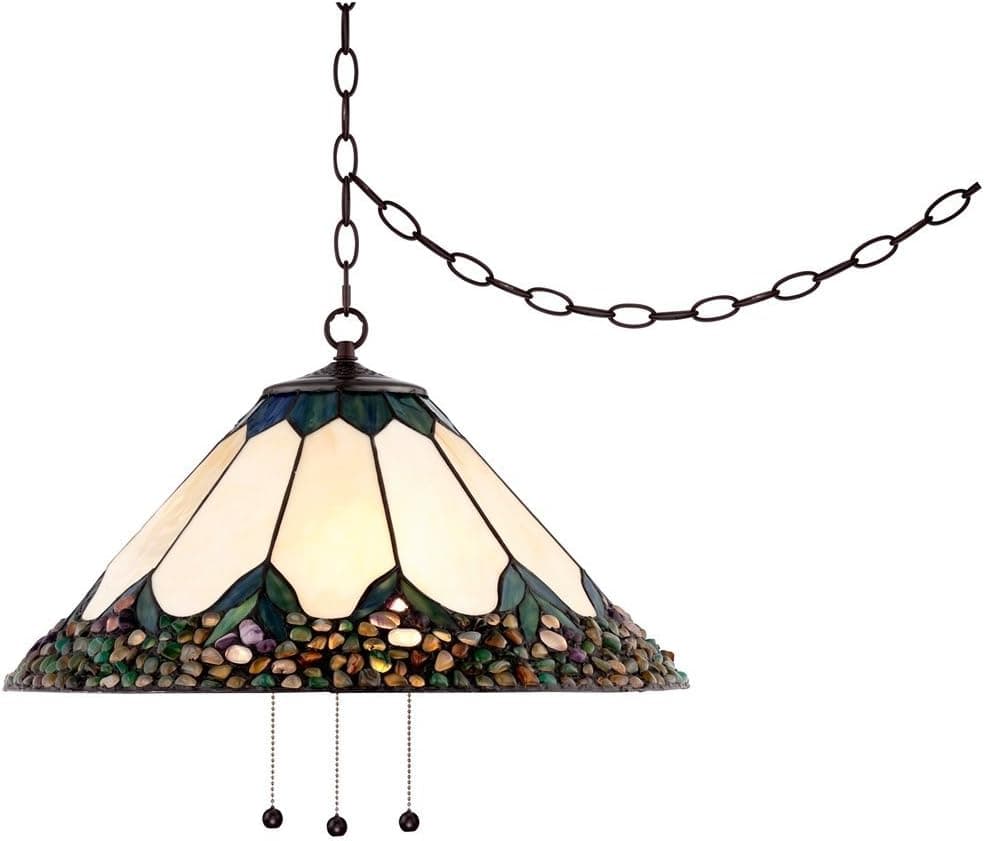 Robert Louis Tiffany River Stone Bronze Plug in Swag Pendant Chandelier Light Fixture 20 3/4" Wide Tiffany Style Stained Art Glass for Dining Room House Entryway Kitchen Island (Colors May Vary)
