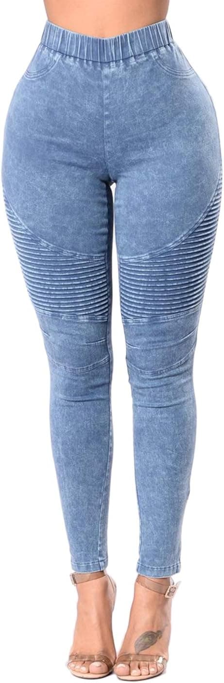 Pofash Women's Skinny Pleated Ankle Zipper Moto Biker Jeggings Denim Pants Jeans Light Blue Large