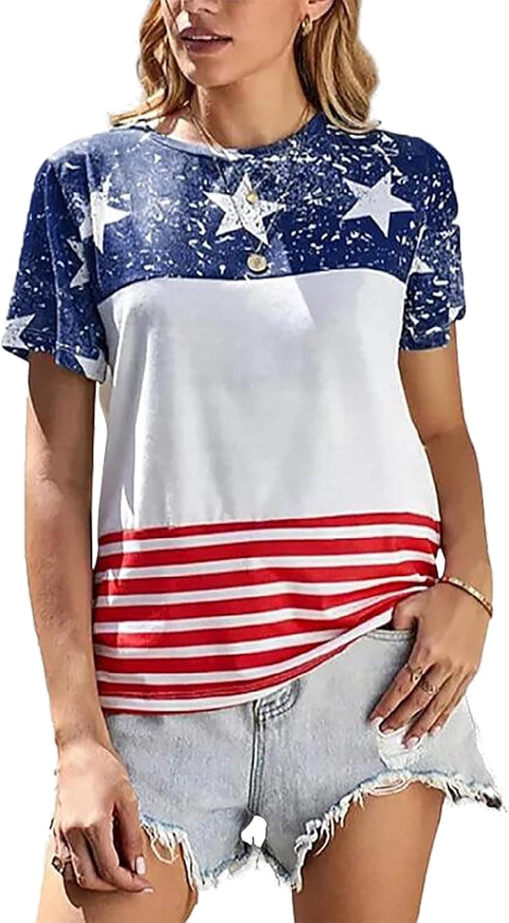 Shirts for Women American Flag Striped Star Graphic Tops Independence Day Casual Tee (Z1 Blue, L)
