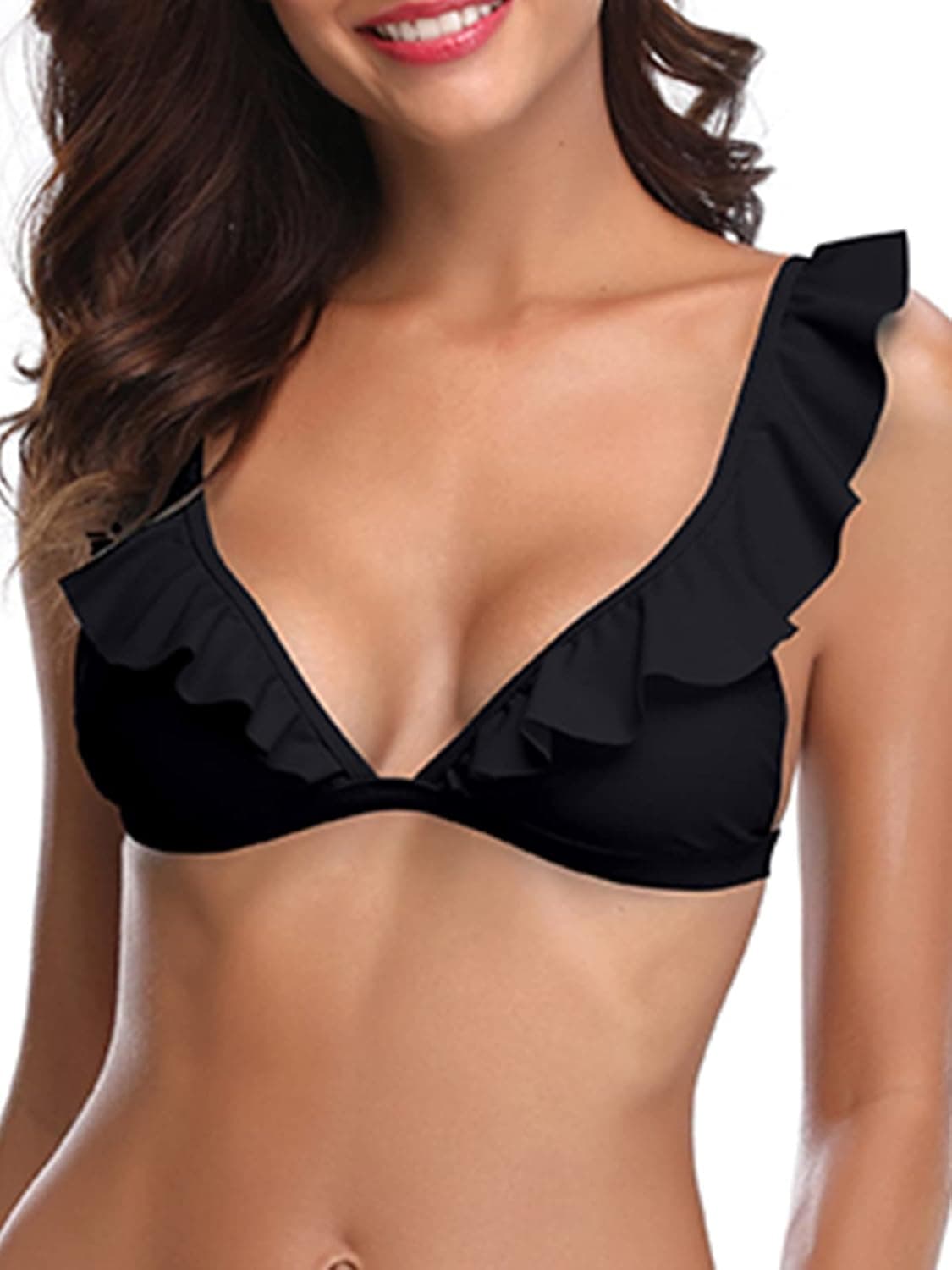 SHEKINI Women's Ruffles Flounce Cute Bikini Solid Deep V Neck Swimsuit Top