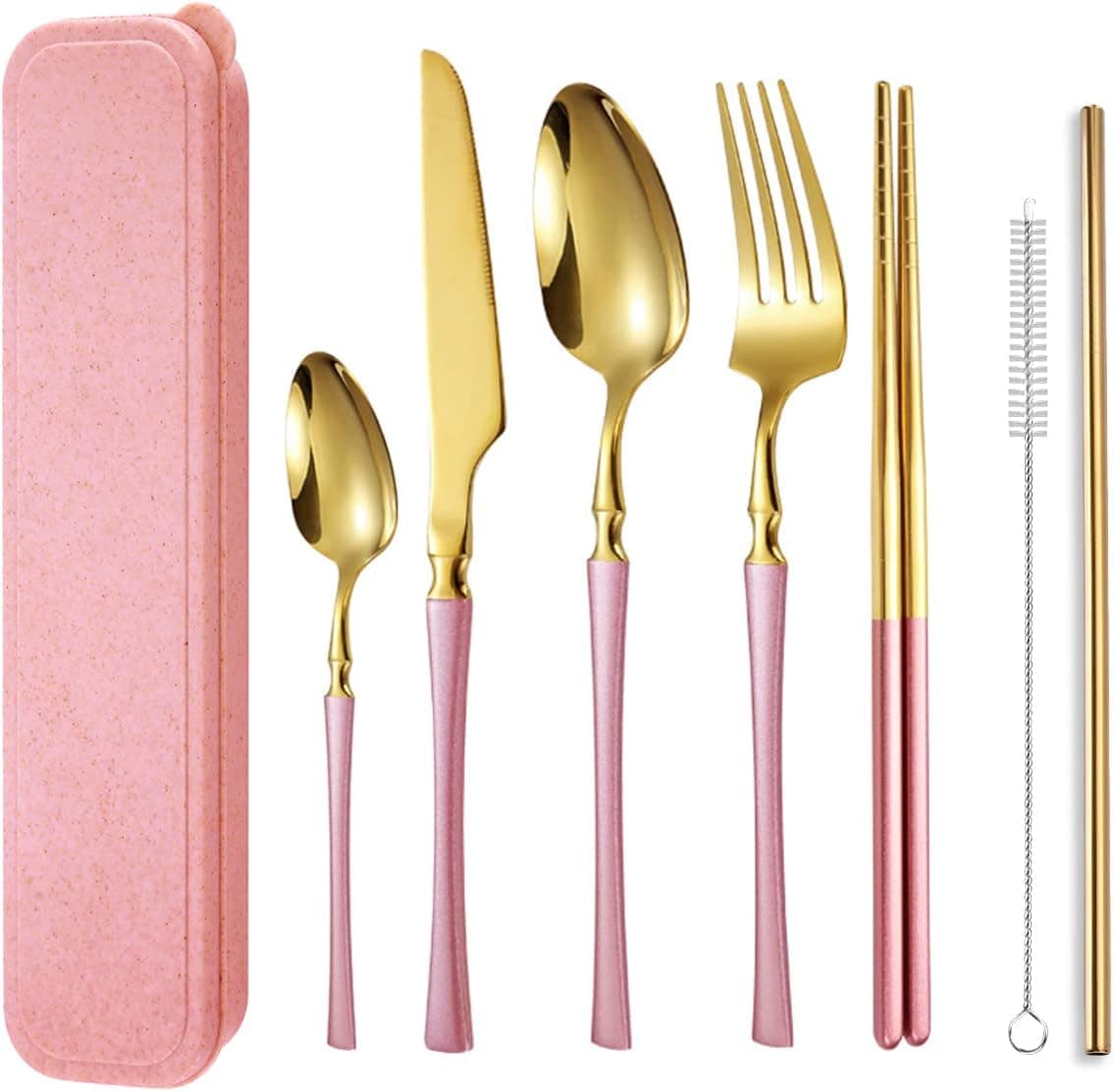 AARAINBOW 7 Pieces Stainless Steel Flatware Set Portable Reusable Cutlery Set Travel Utensils Set Including Chopsticks Knife Fork Spoon Straws Cleaning Brush Dishwasher Safe (B-Pink Golden)