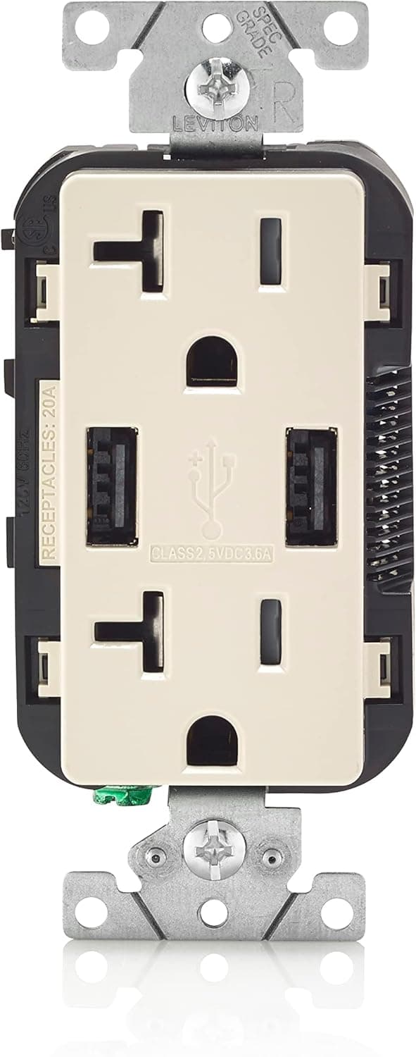 Leviton T5832-T USB Charger/Tamper-Resistant Duplex Receptacle, 20-Amp, Light Almond