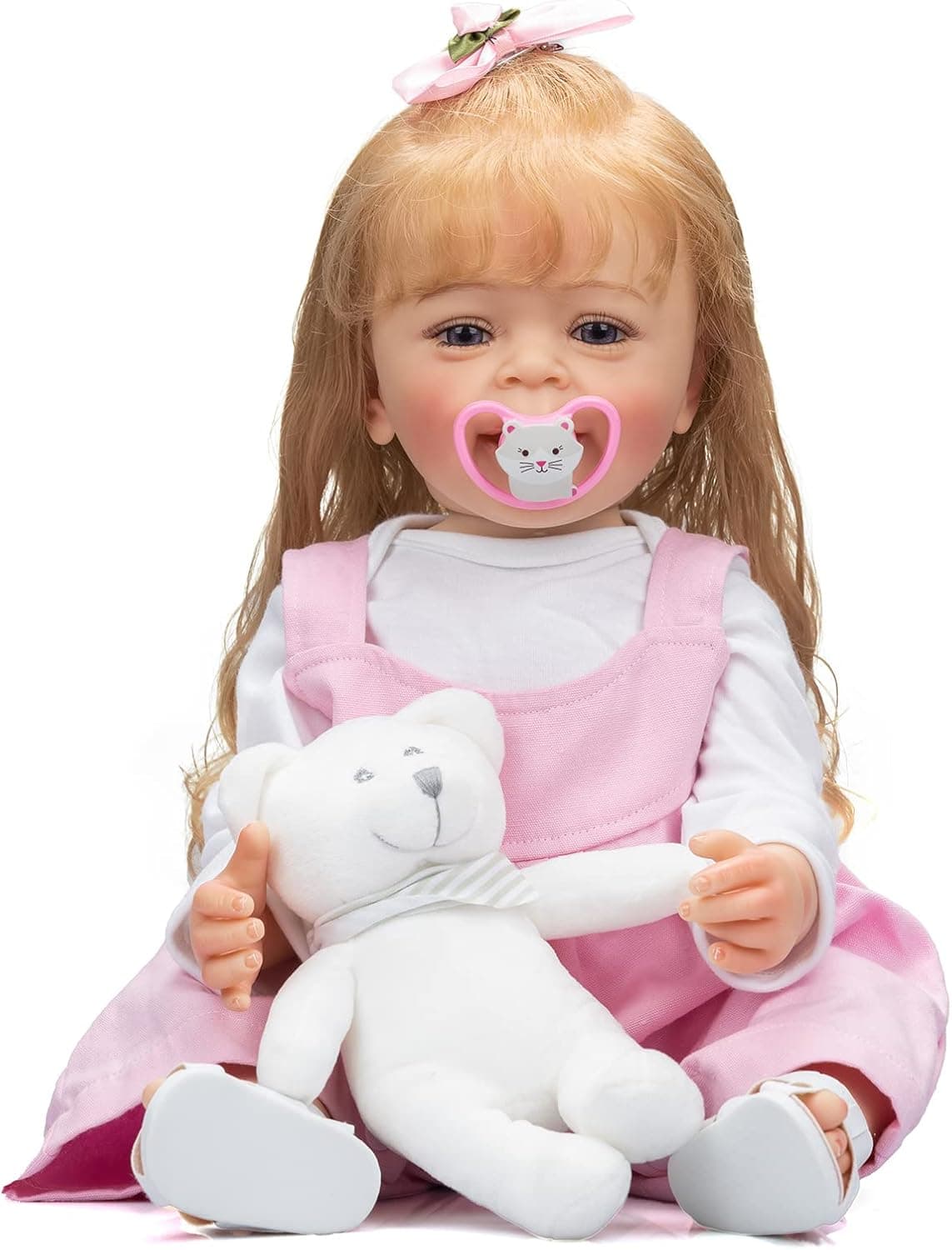 ROSHUAN Realistic Baby Dolls Silicone Full Body Girl 22 inch Lifelike Baby Toddler Dolls Blonde Long Hair Smiling Girl with Teeth Pink Outfit for Children Birthday Set